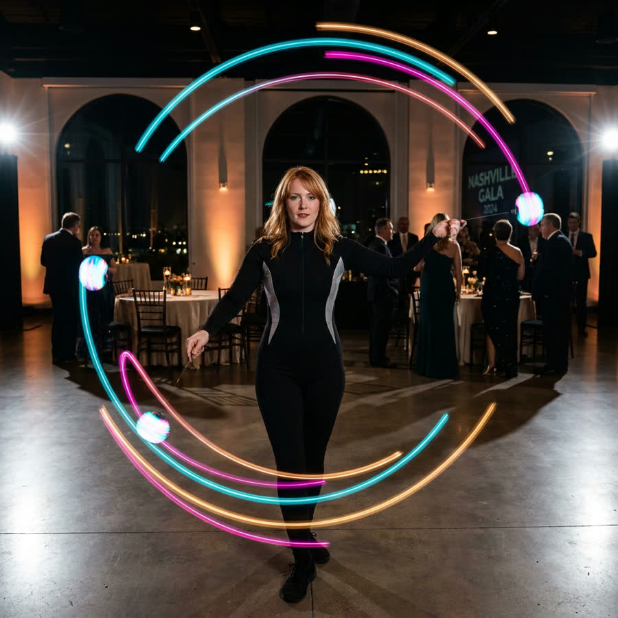 Sarah Grace performing LED poi with vivid color-trail light effects at a Nashville event venue
